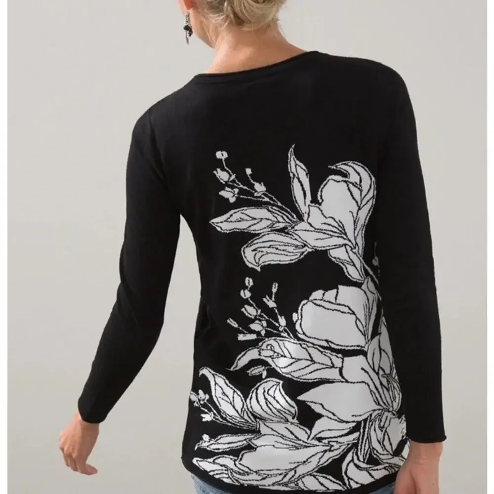 CHICO’S Lightweight Floral Sweater Pullover Knit Tunic Black White Womens Size L - Picture 2 of 9